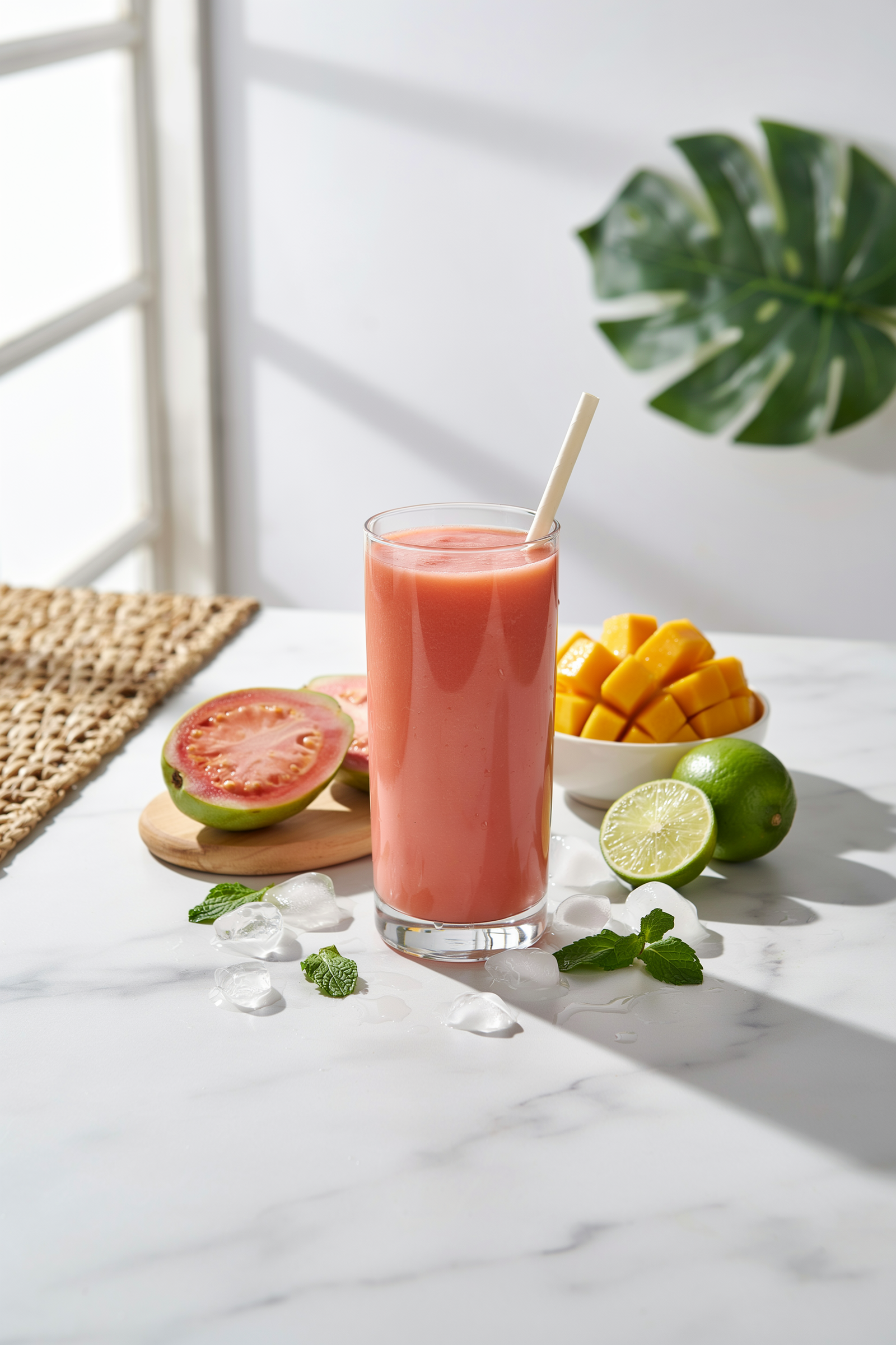 Tropical guava mango smoothie in a glass with lime and coconut on a sunny background