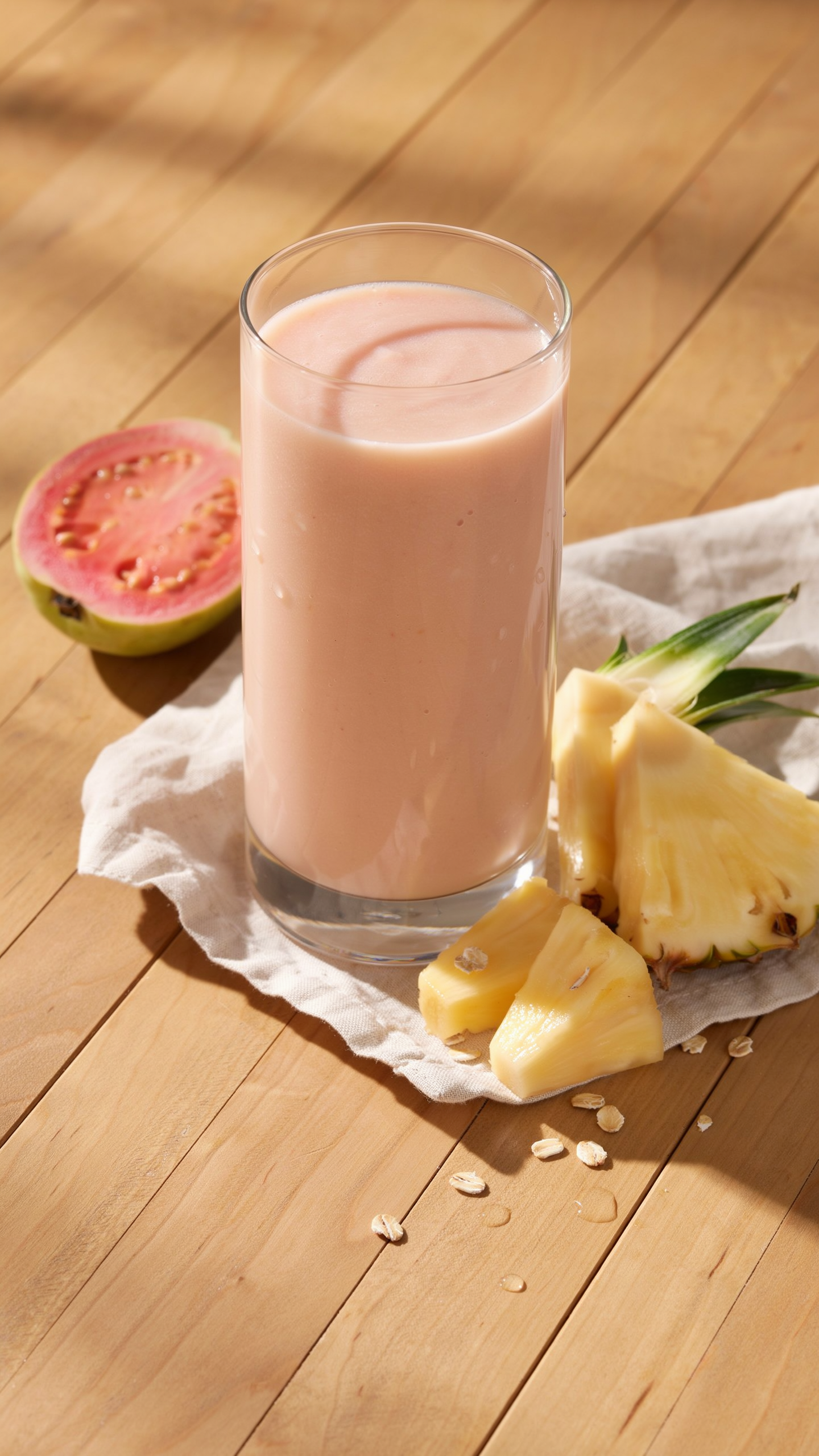 Tropical guava pineapple smoothie in a glass with pineapple, lime, banana, coconut milk, and spinach