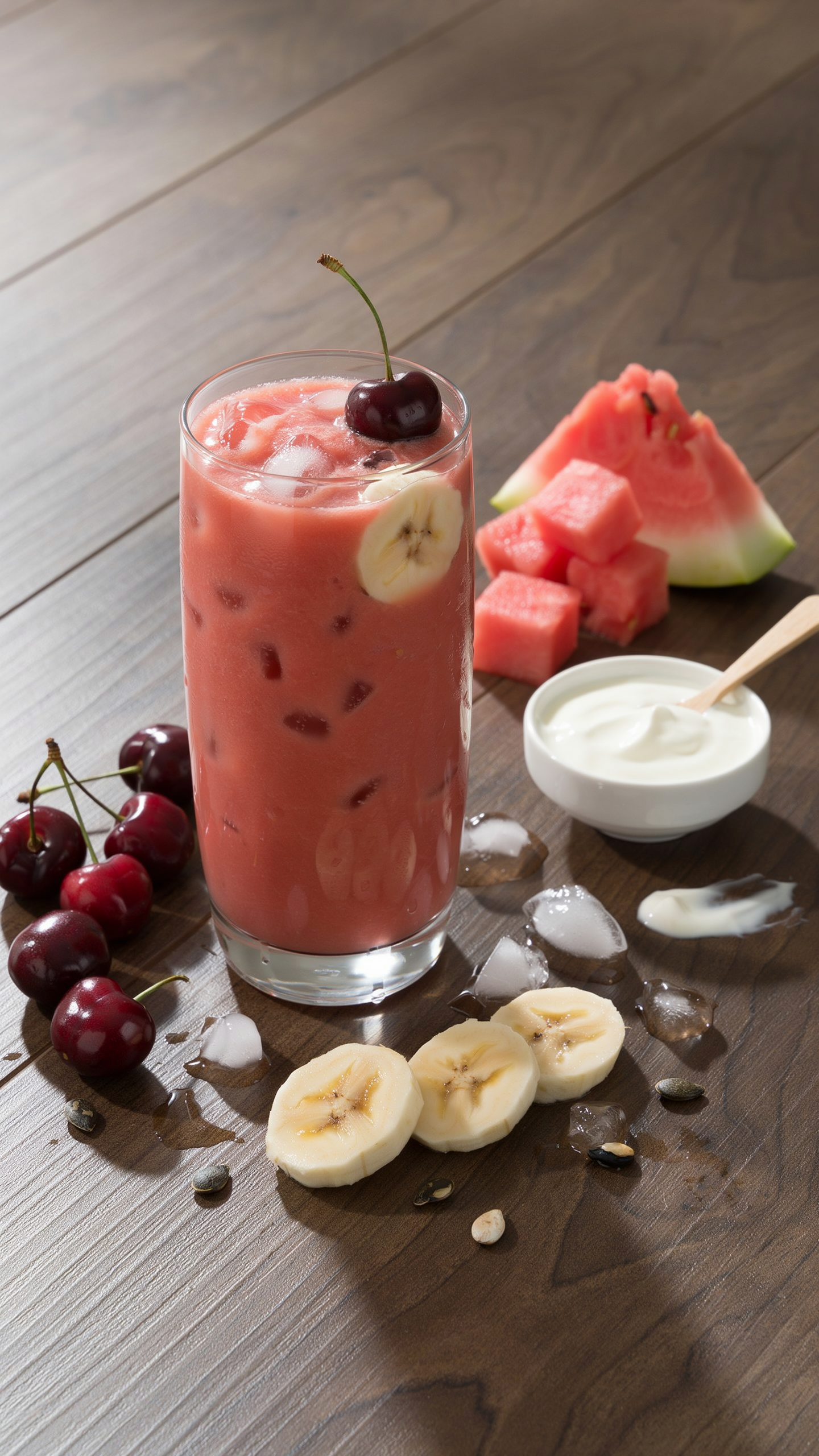 Watermelon cherry smoothie for hot days in a chilled glass with cherries and watermelon