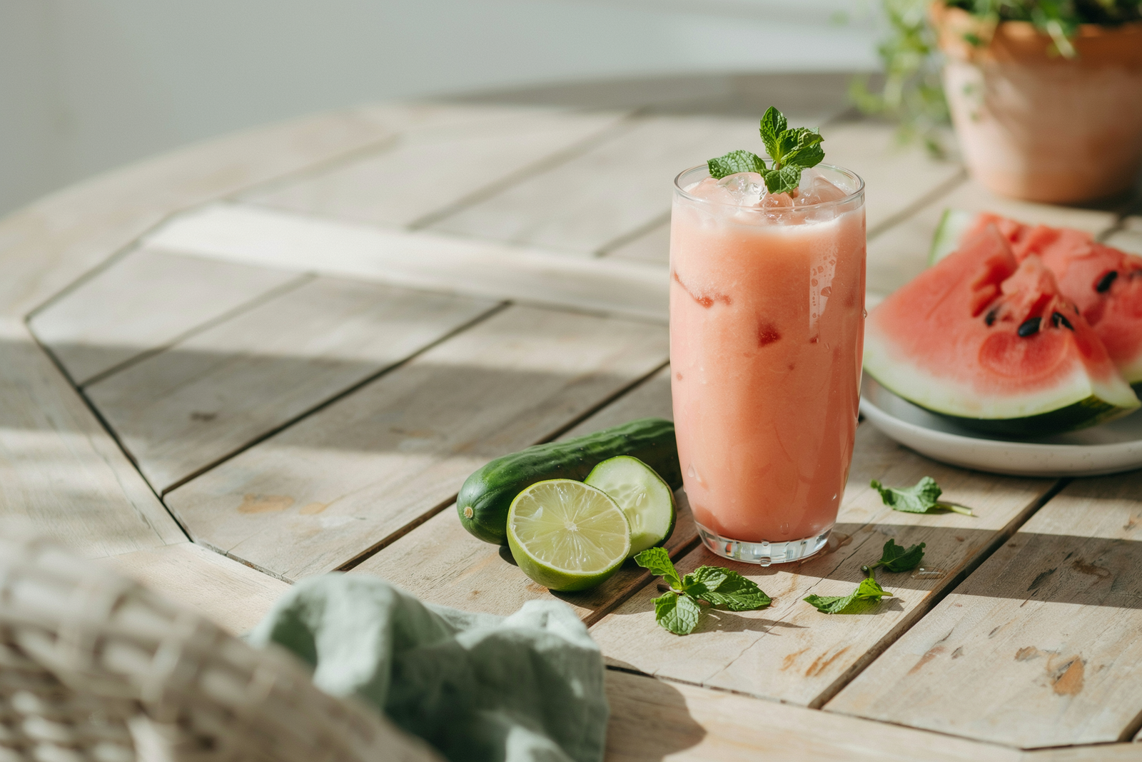 Watermelon cucumber mint smoothie in a glass with lime, cucumber slices, and fresh mint
