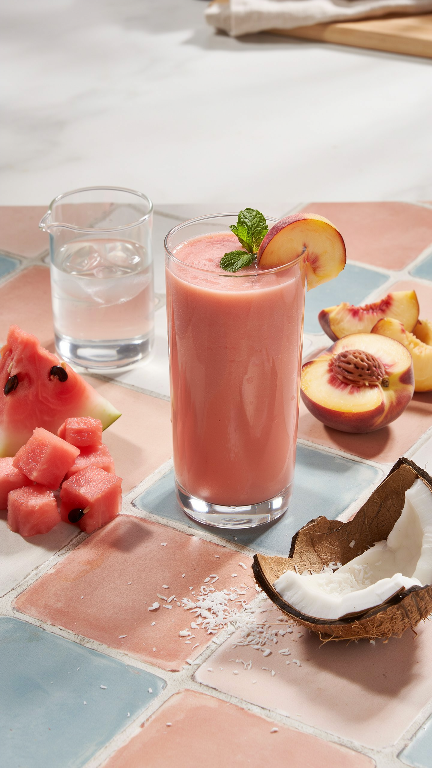Watermelon peach coconut water smoothie in a glass with mint and fresh fruit