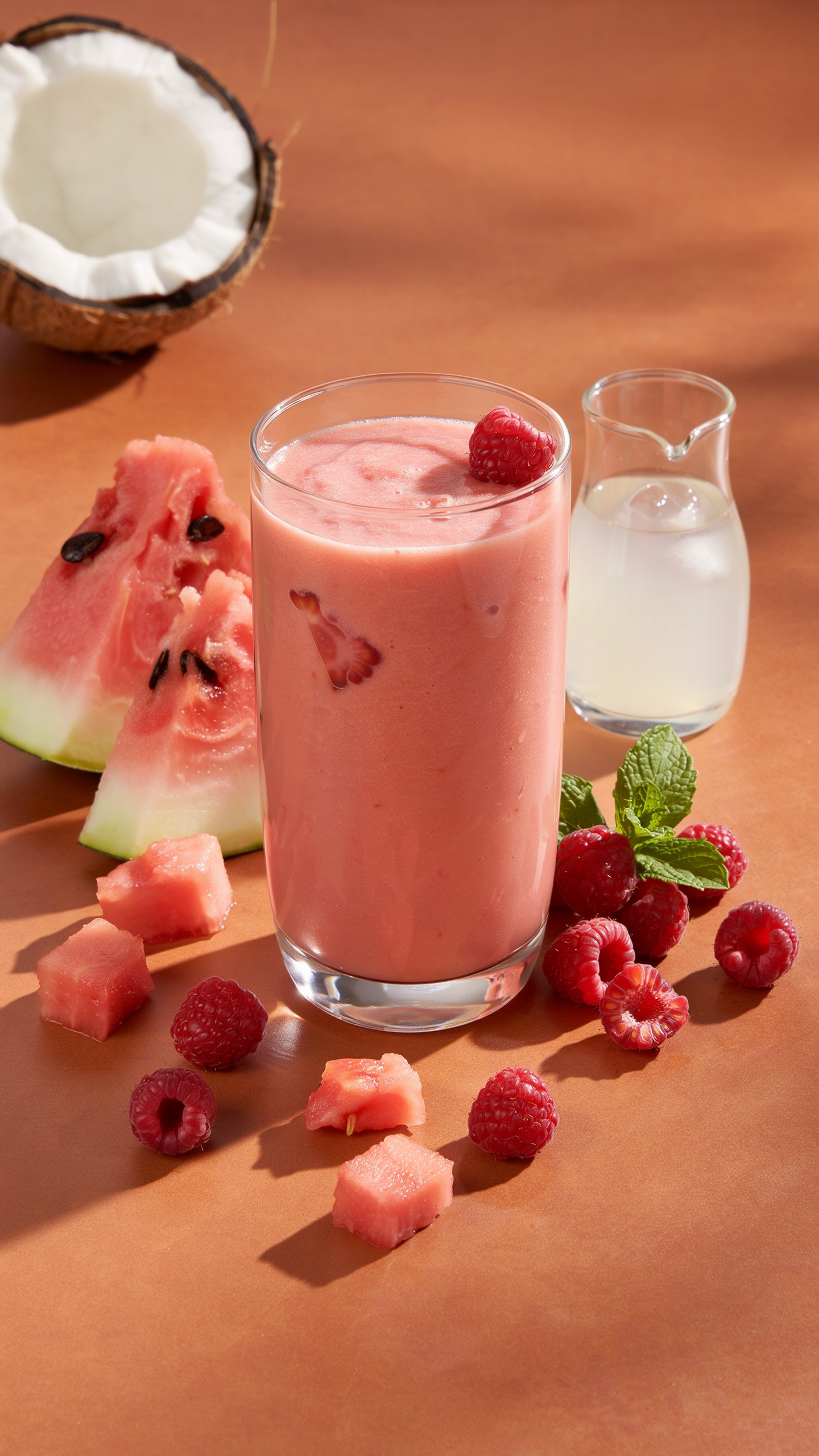 Glass of watermelon raspberry coconut water smoothie with fresh raspberries and watermelon cubes
