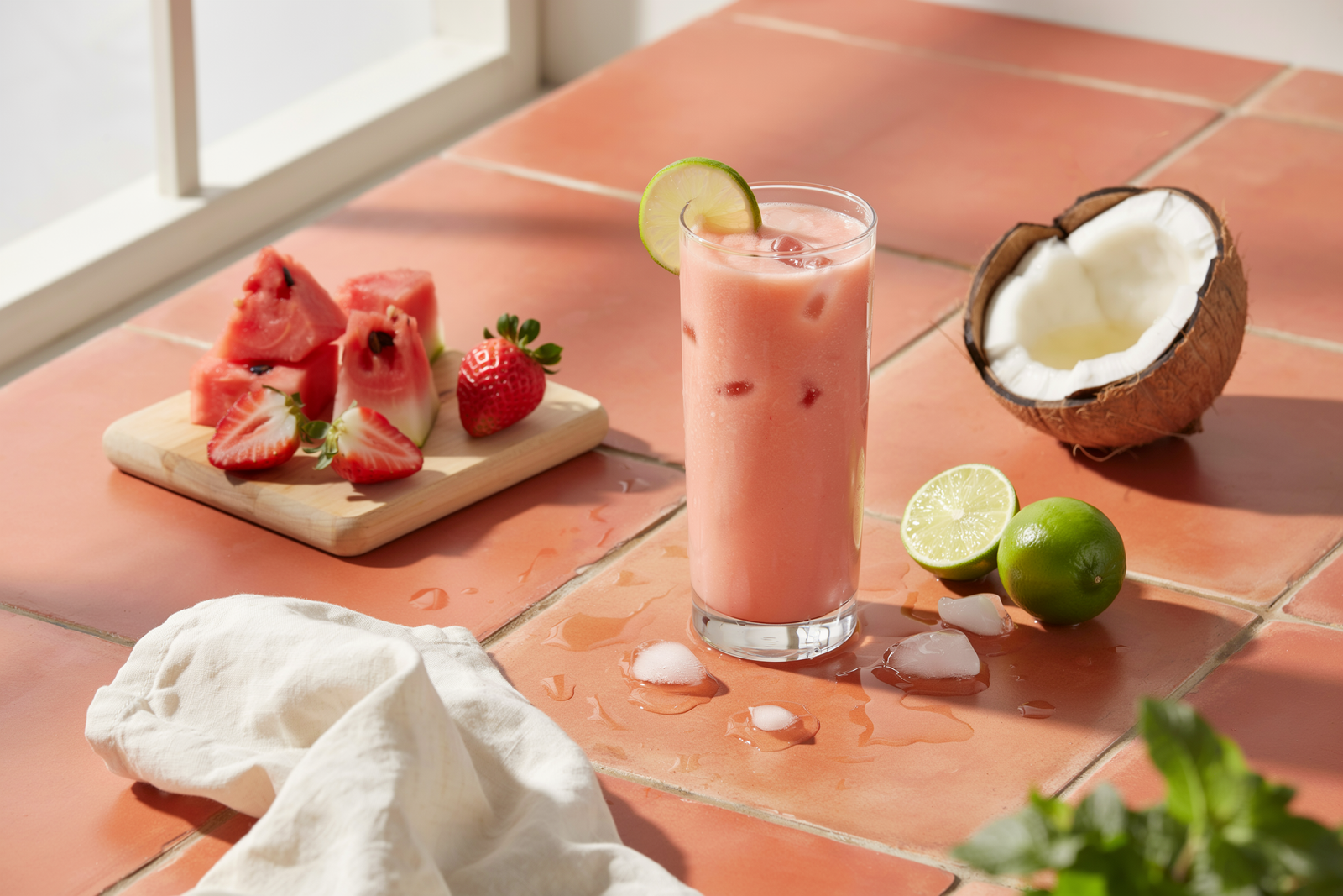 Watermelon strawberry coconut water smoothie in a glass with fresh strawberries, watermelon, and coconut