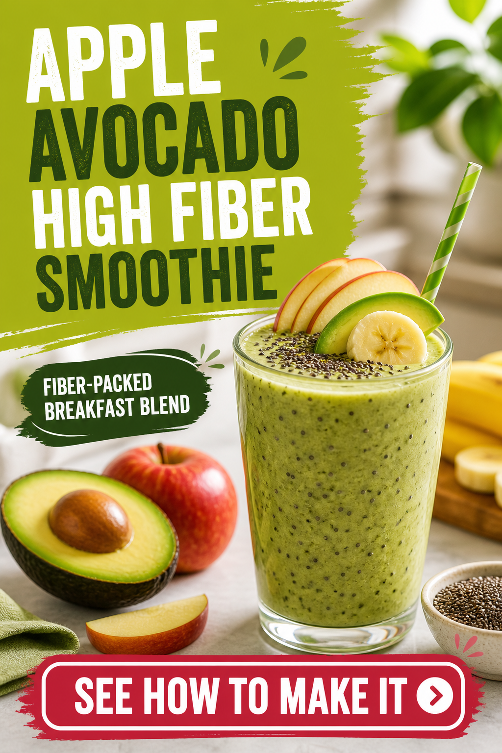 Apple avocado high-fiber smoothie with chia seeds in a glass with fresh apple slices, avocado, banana, and spinach