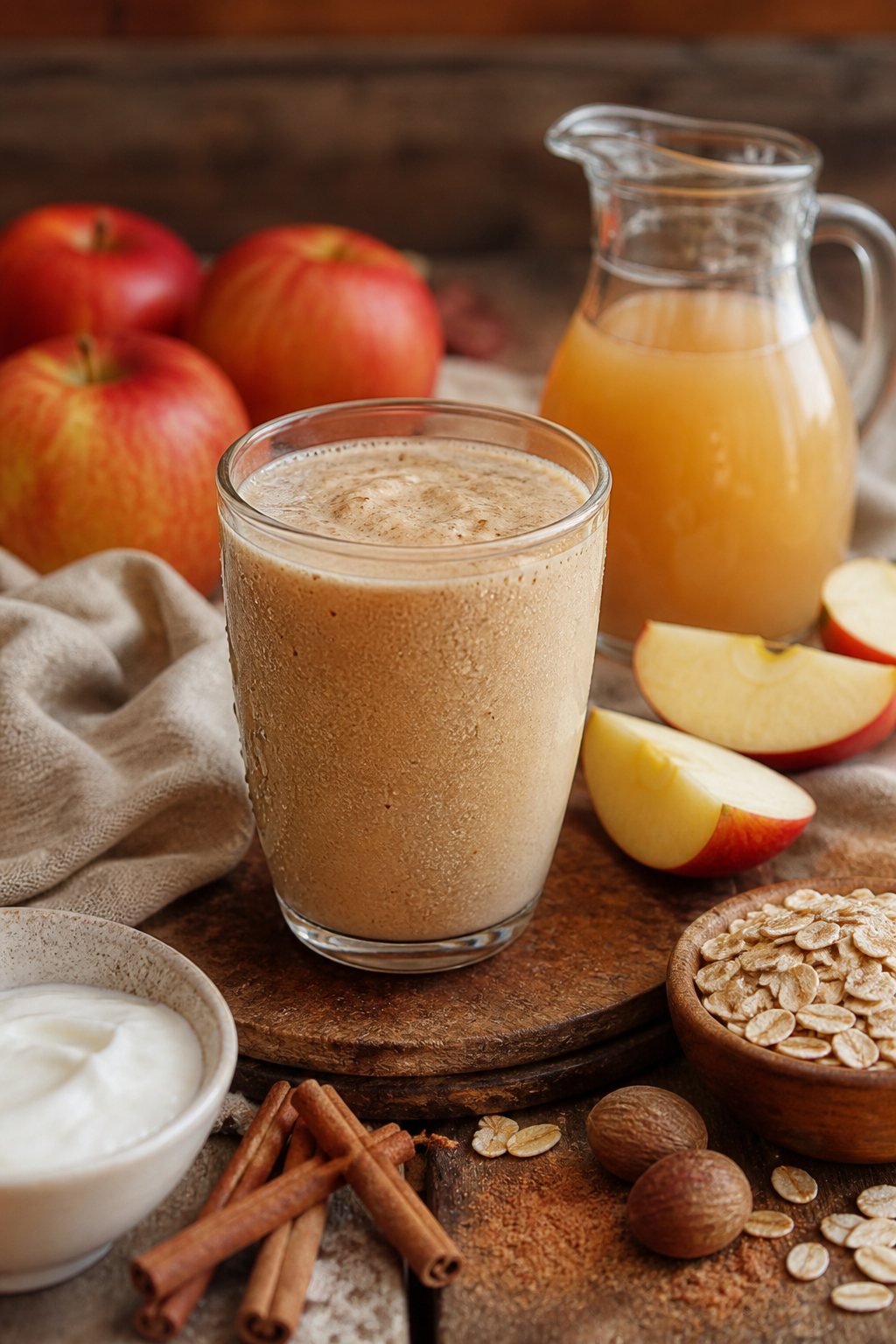 Apple cider smoothie with cinnamon and oats in a glass topped with apple slices