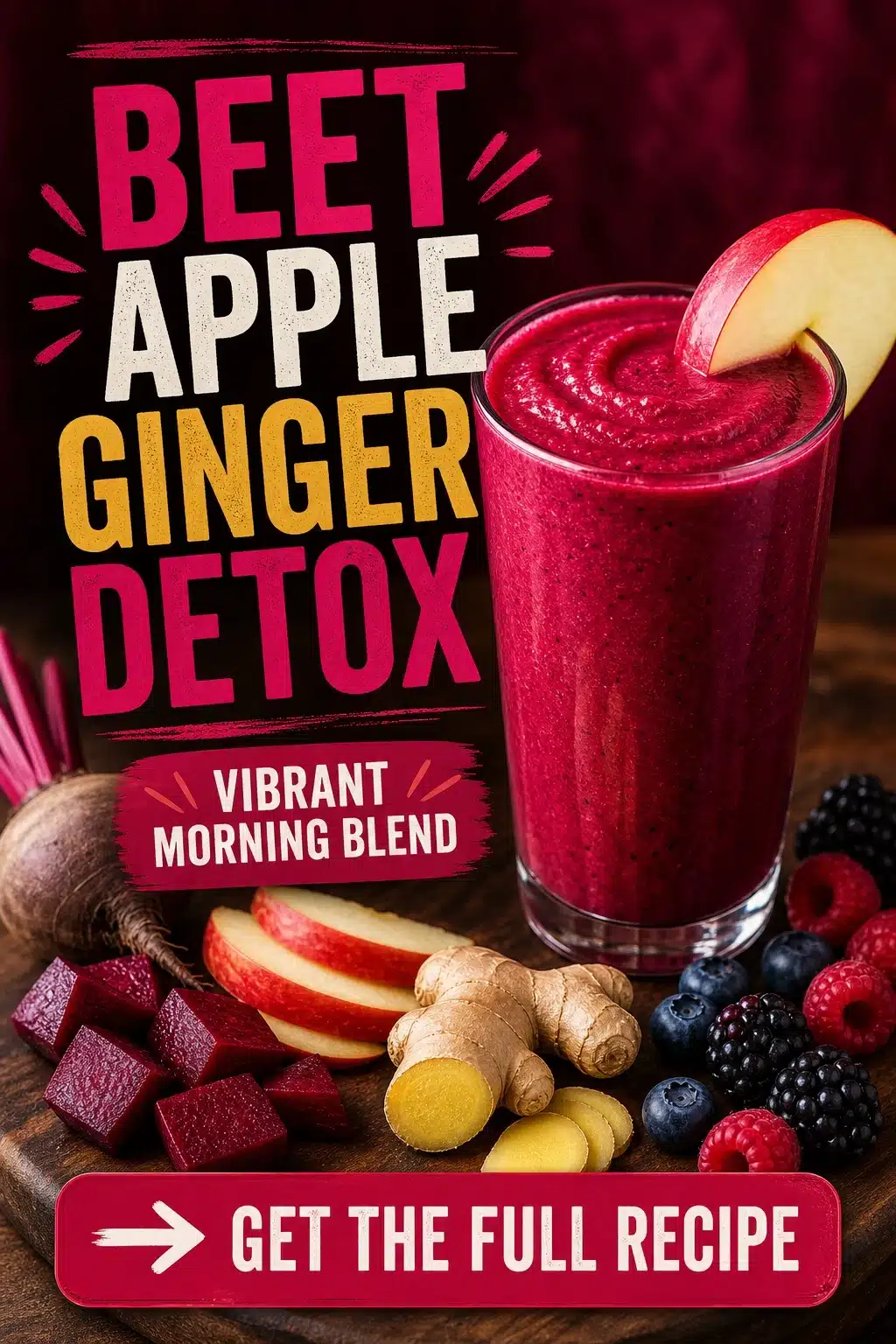 Beet apple ginger detox smoothie in a glass with apple slices, beet pieces, berries, and fresh ginger