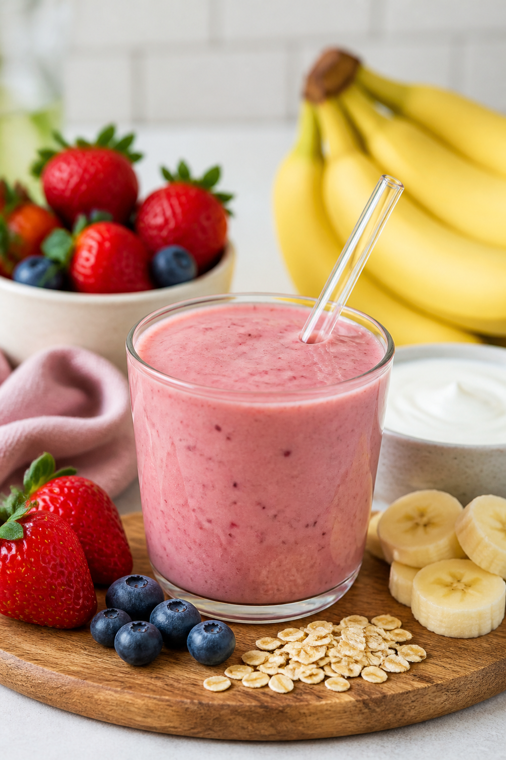 Creamy berry banana breakfast smoothie for kids in a glass with oats and fruit for a busy school morning