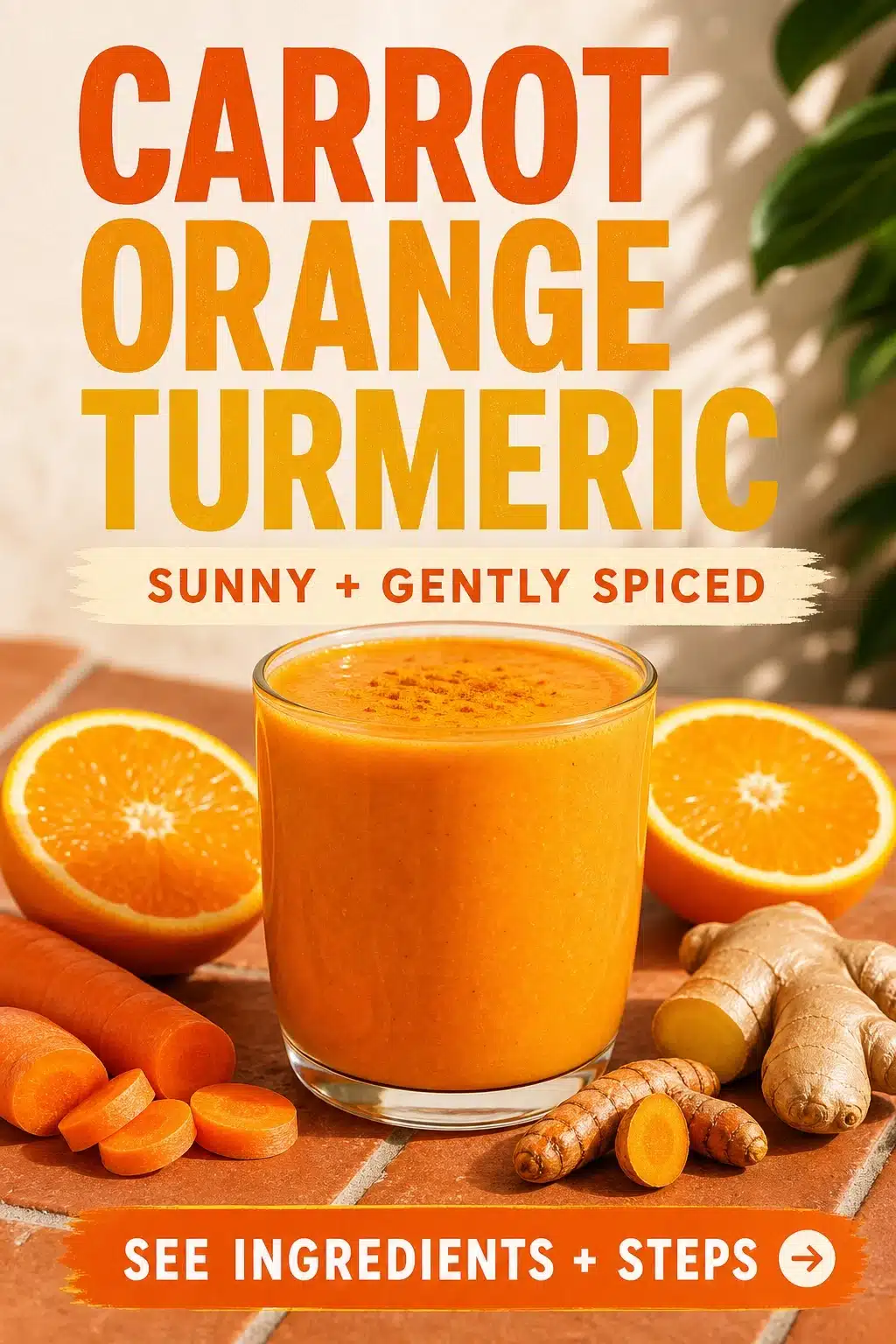 Carrot orange turmeric detox smoothie in a glass with fresh orange and carrot pieces