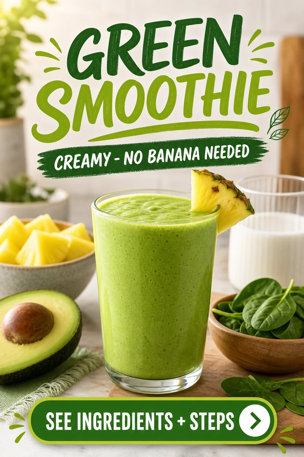 Green Smoothie Without Banana With Pineapple and Avocado
