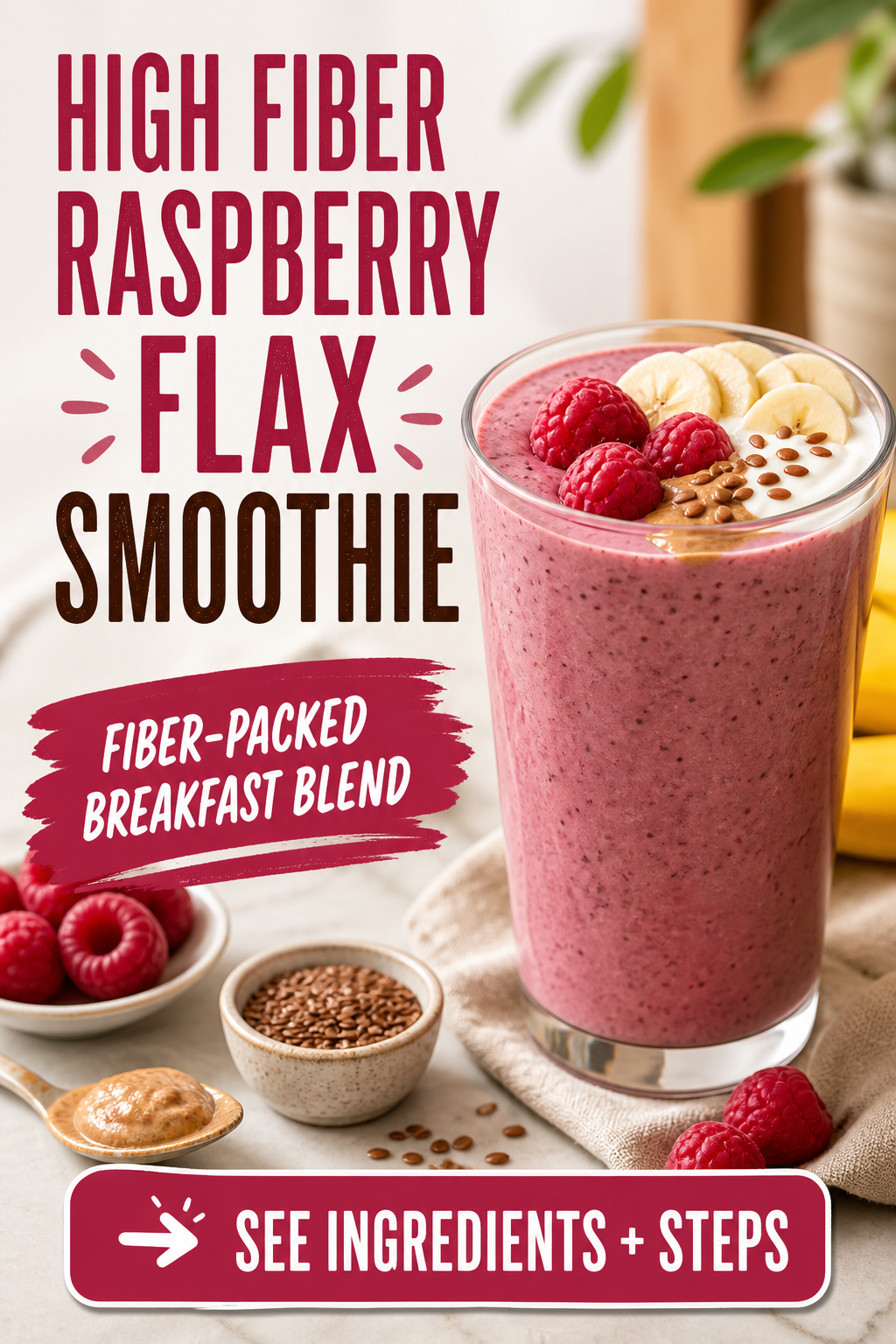 High-fiber raspberry flax smoothie for breakfast in a glass with raspberries and flax seeds