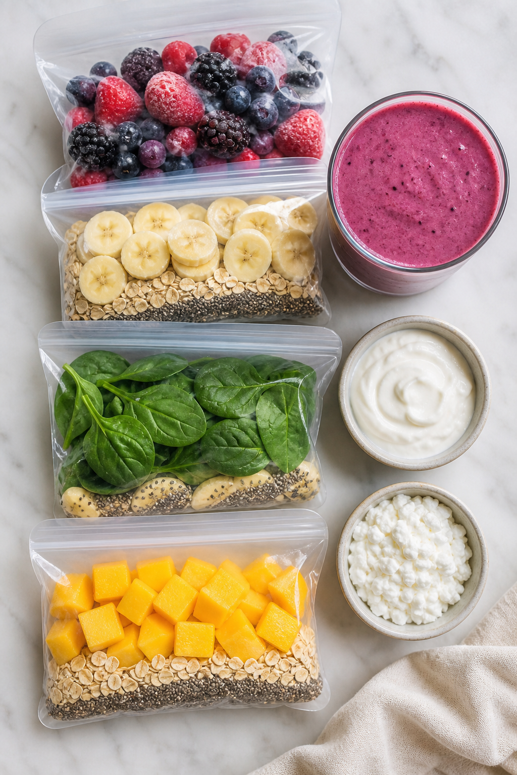 High-protein smoothie freezer packs with berries, banana, spinach, oats, and protein powder in clear freezer bags