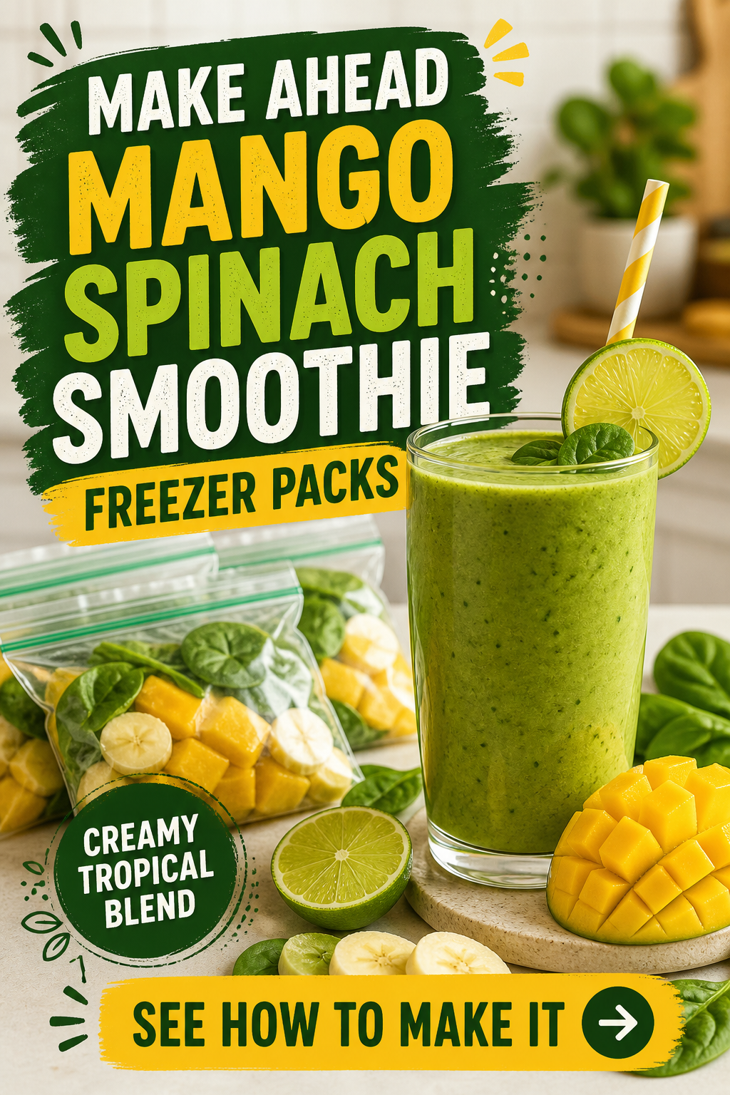 Make-ahead mango spinach smoothie freezer packs with mango, spinach, banana, lime, and coconut