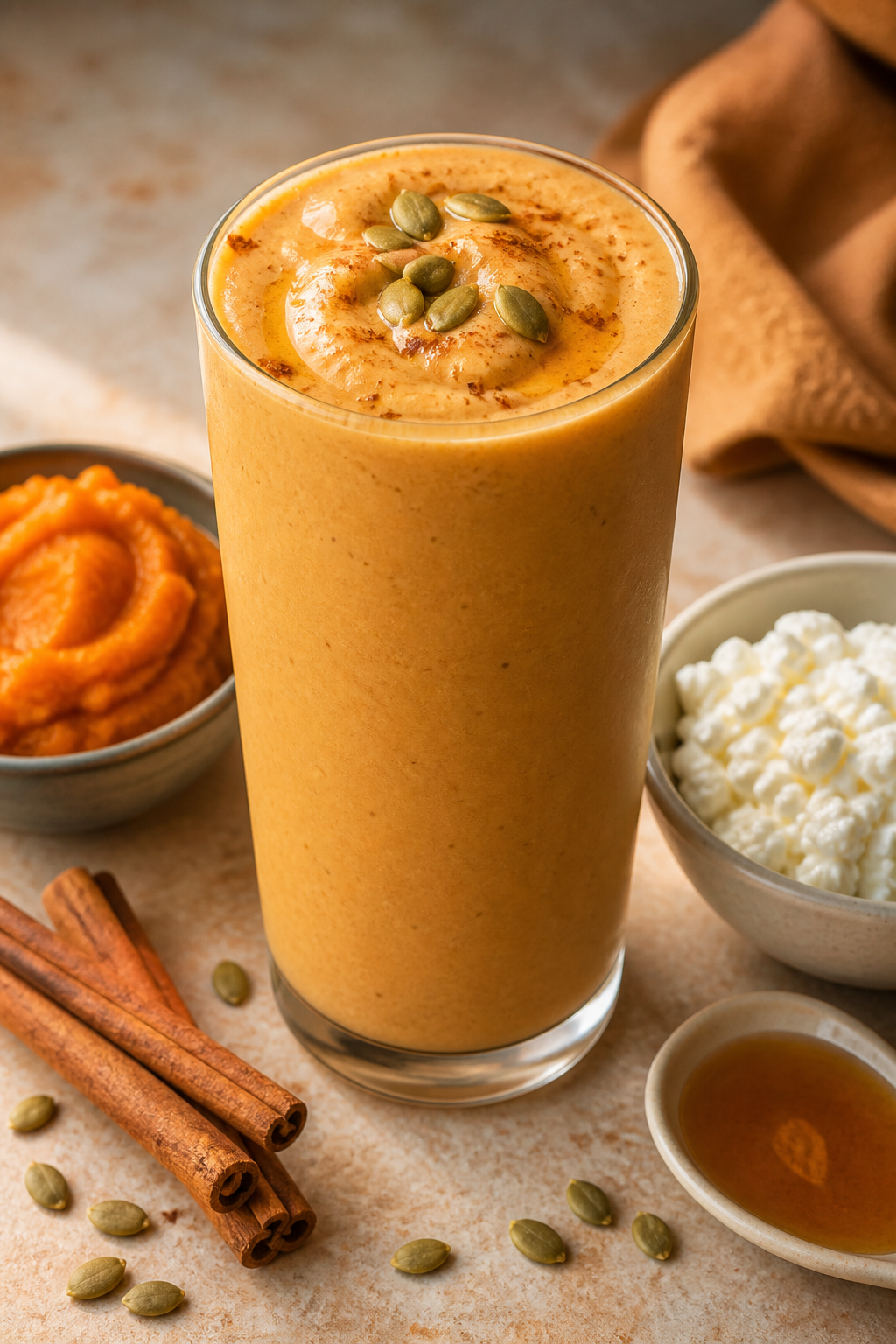 Pumpkin cottage cheese smoothie with extra protein in a glass topped with pumpkin spice