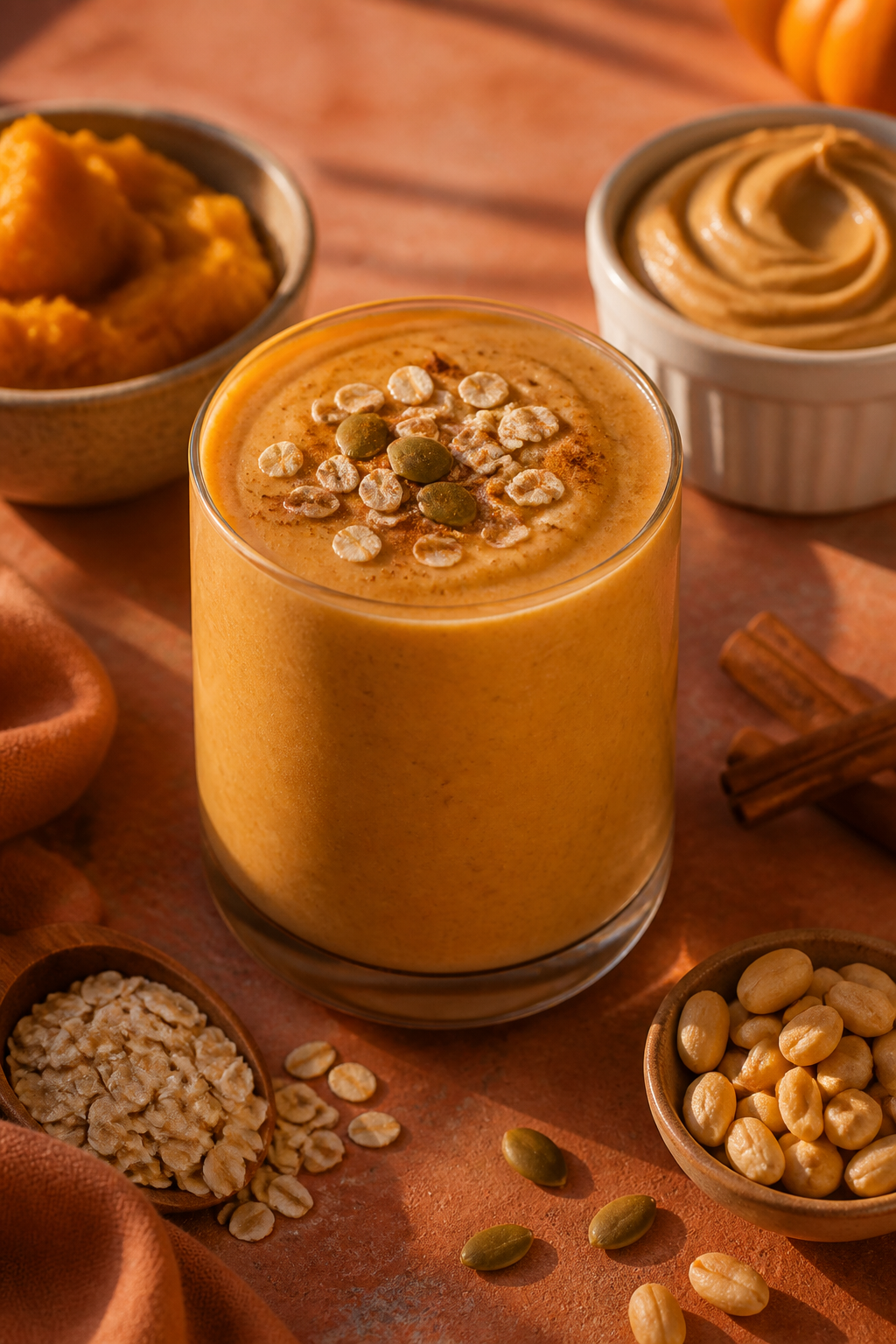 Pumpkin peanut butter smoothie with cinnamon in a glass topped with a peanut butter swirl