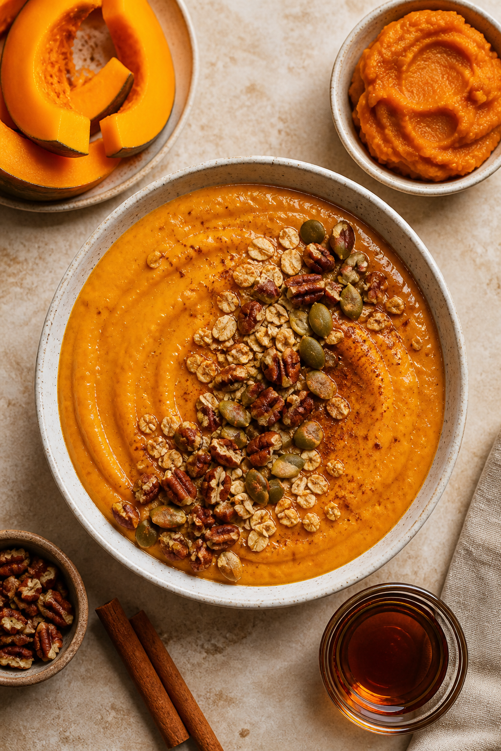 Pumpkin pie smoothie bowl with crunchy pecans, pumpkin seeds, oats, and cinnamon topping