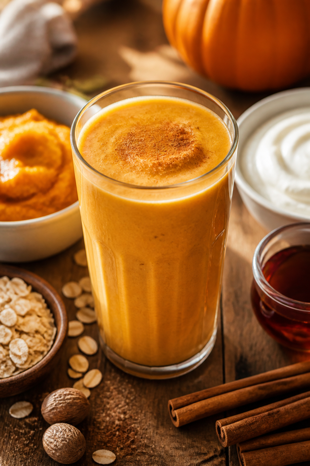 Creamy pumpkin smoothie without banana in a glass with cinnamon and a honey drizzle