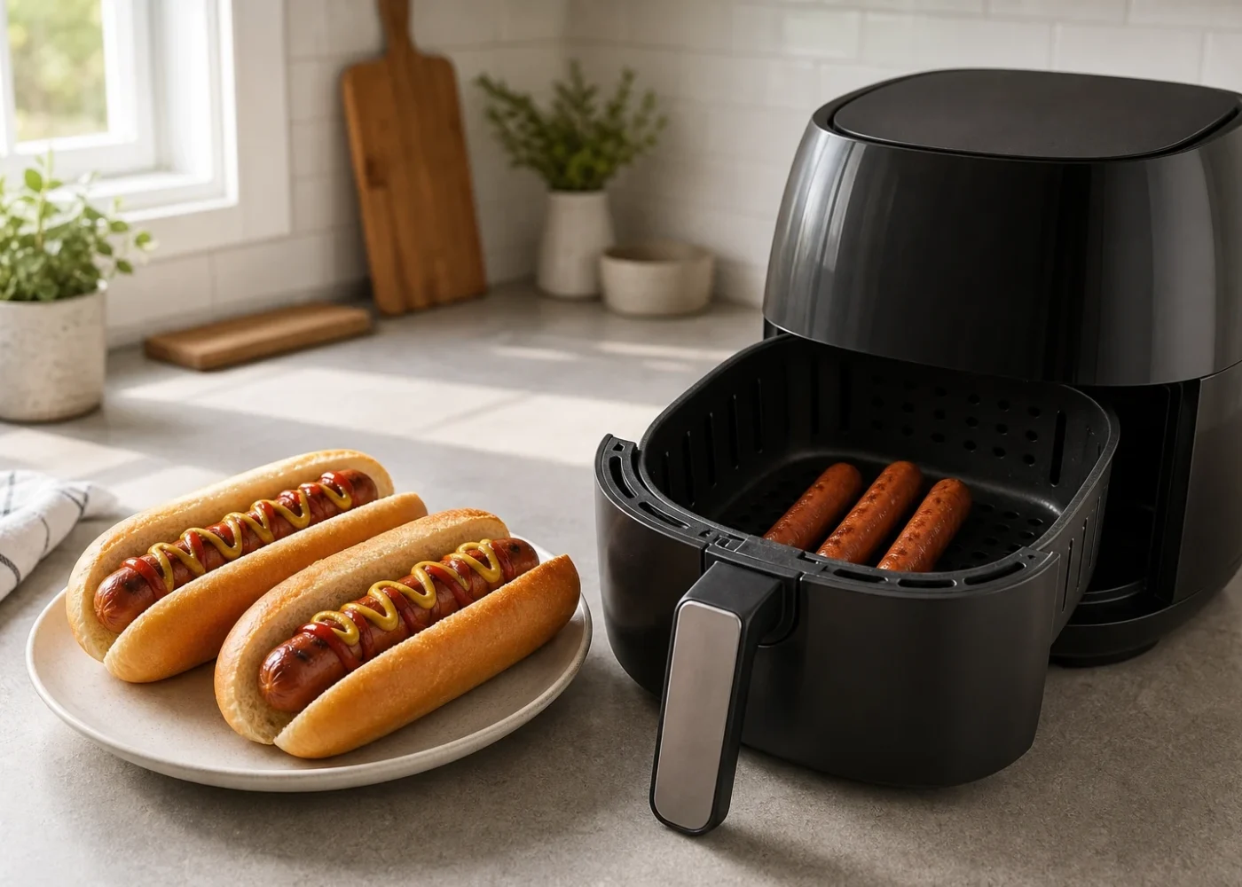 Hot dogs in toasted buns with ketchup and mustard beside an open black basket-style air fryer.