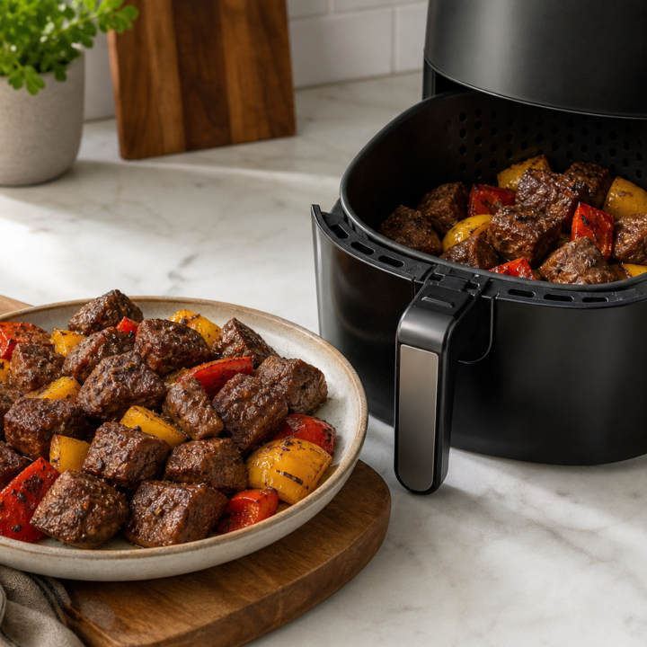 Cajun steak bites and bell peppers served beside an open black basket-style air fryer.