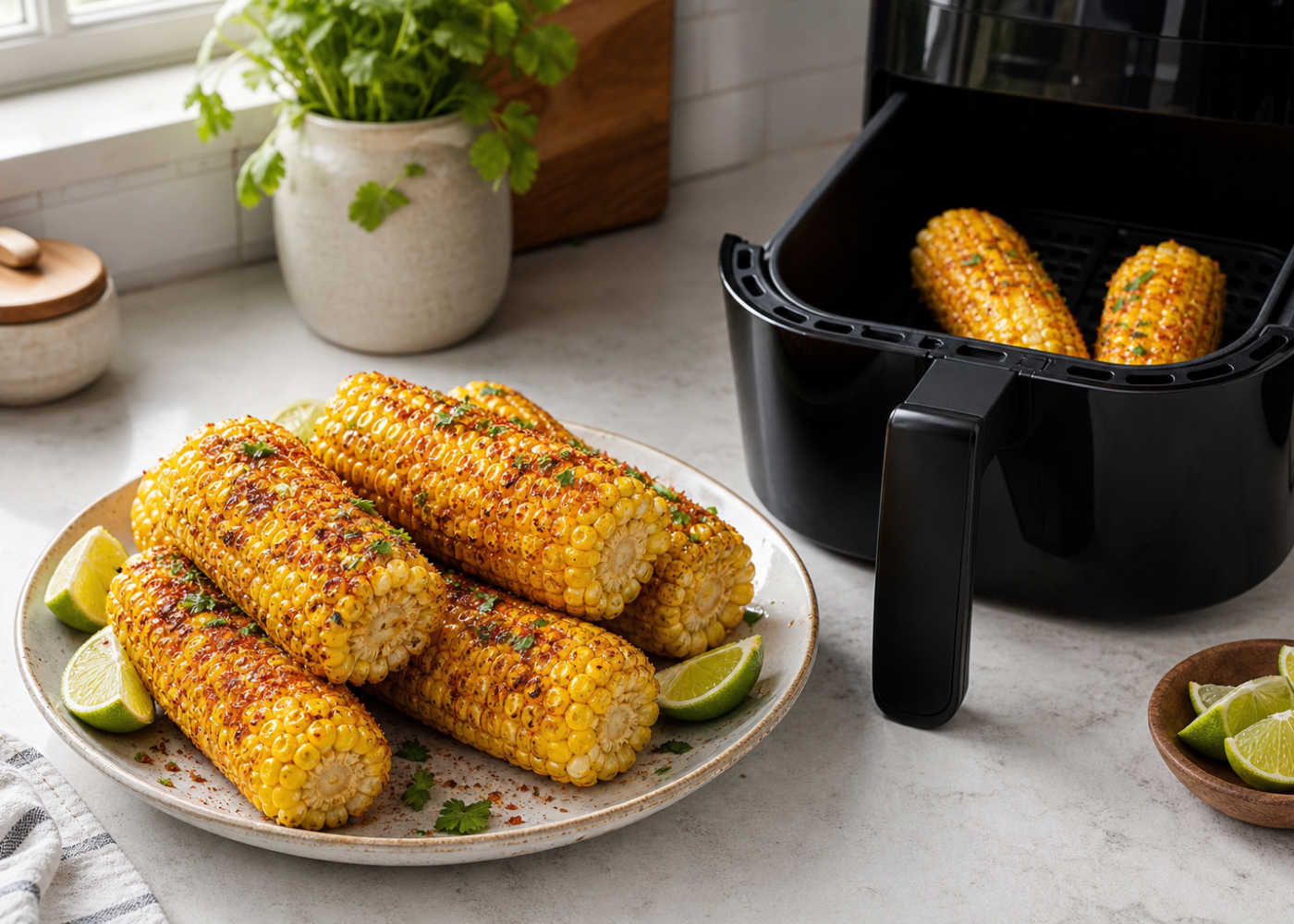Platter of chili lime corn on the cob with lime wedges beside an open black basket-style air fryer holding more corn.