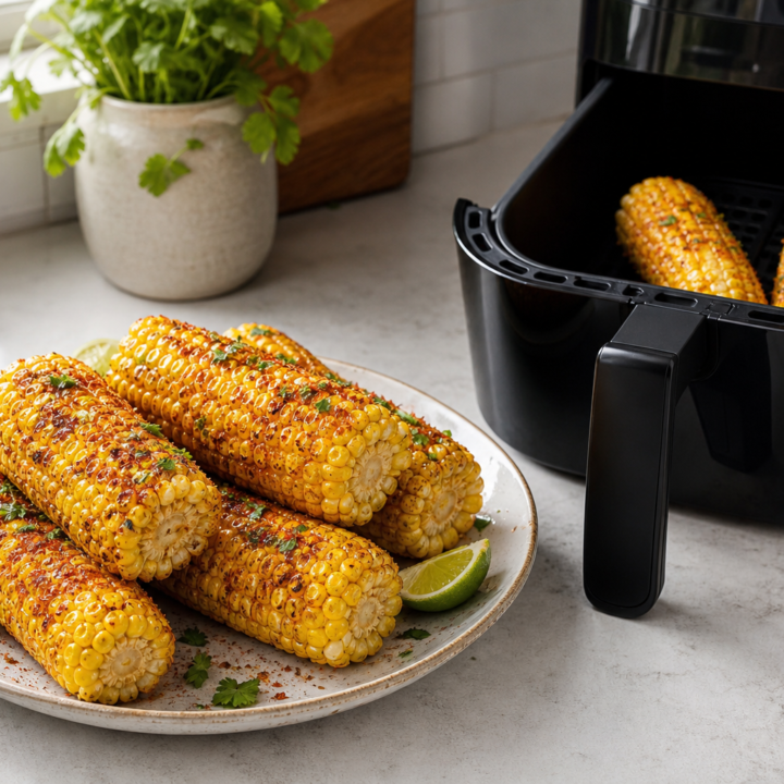Platter of chili lime corn on the cob with lime wedges beside an open black basket-style air fryer holding more corn.