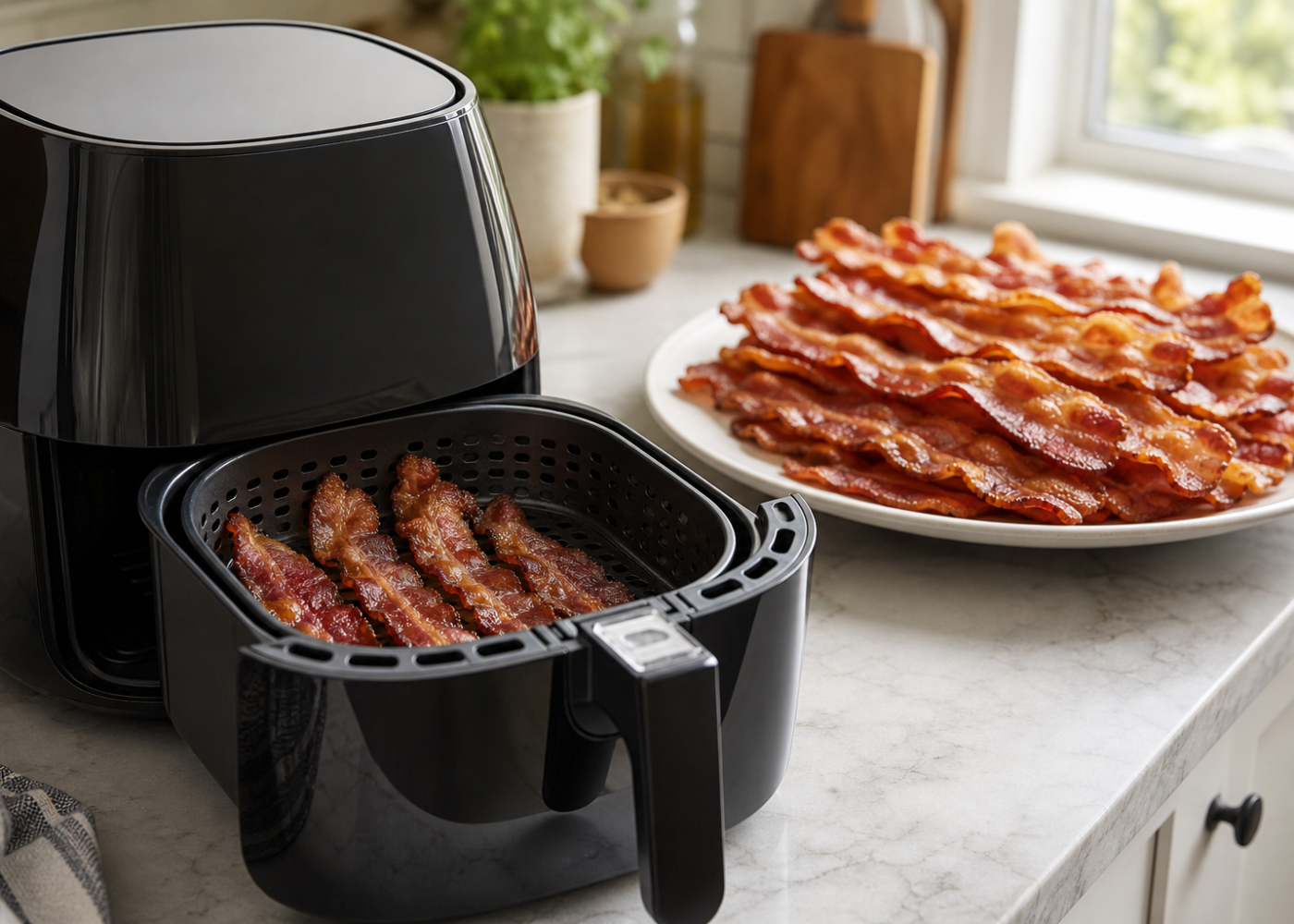 Crispy bacon served on a plate behind an open black air fryer basket holding more cooked slices.