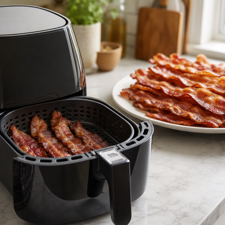 Crispy bacon served on a plate behind an open black air fryer basket holding more cooked slices.