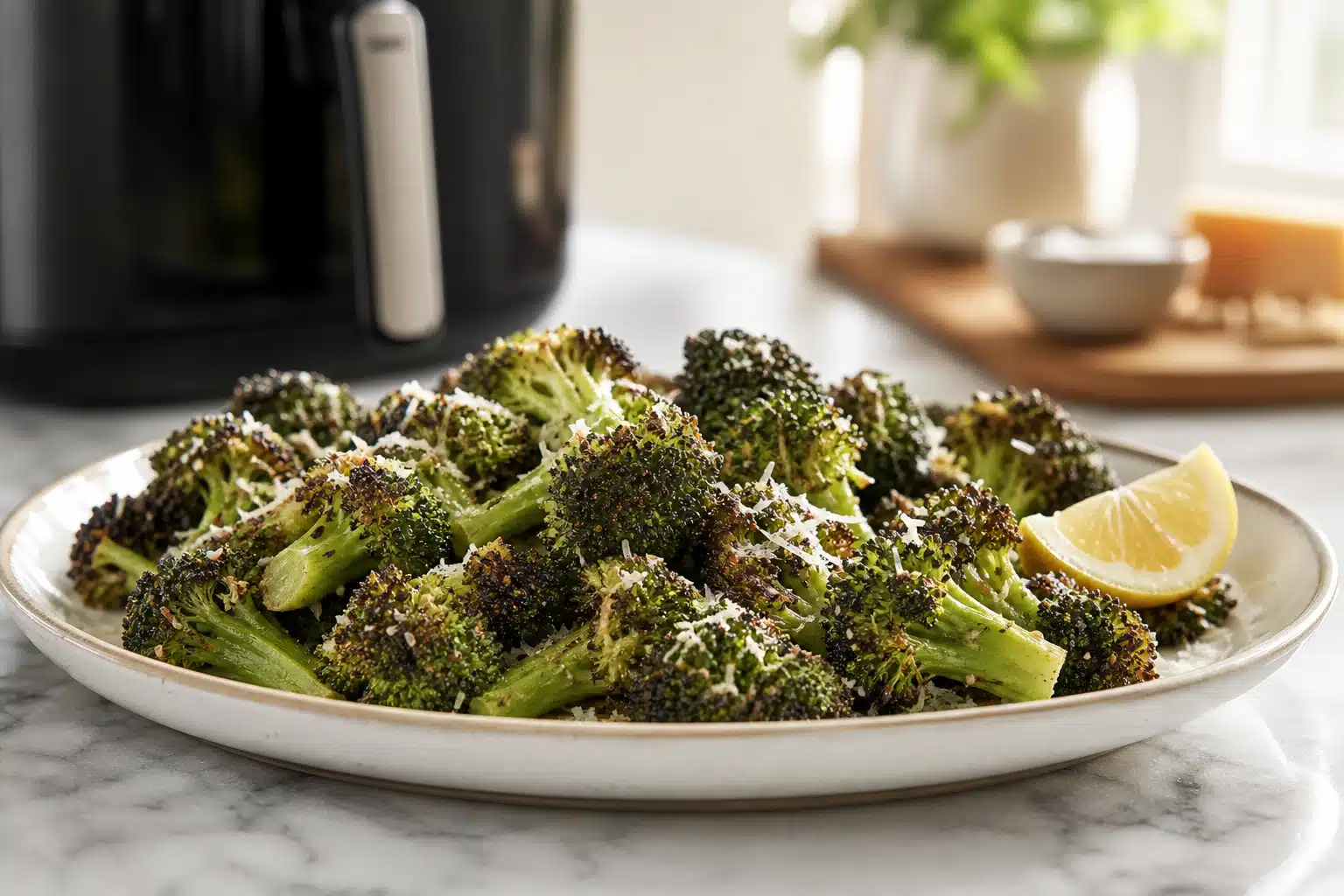 Crispy air fryer broccoli with grated Parmesan and a lemon wedge on a ceramic platter.