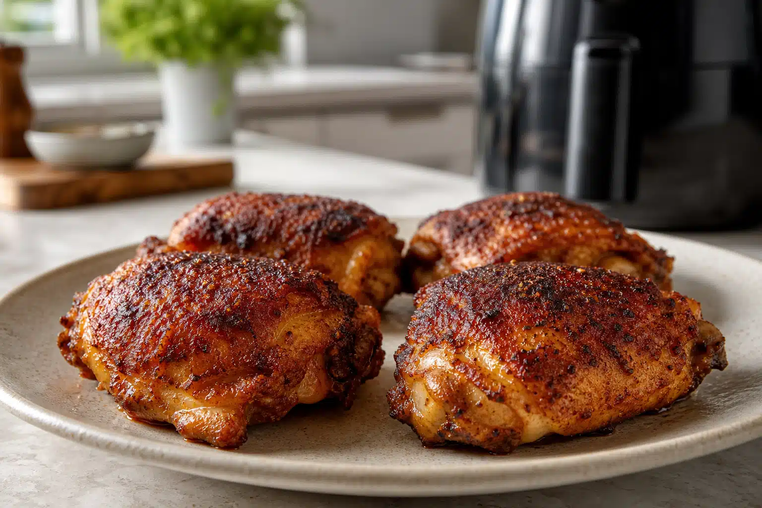 Crispy paprika-seasoned air fryer chicken thighs on a serving platter