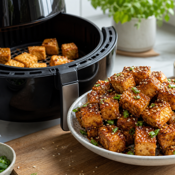 Crispy sesame-soy glazed tofu served with an open black air fryer basket showing more tofu cubes.