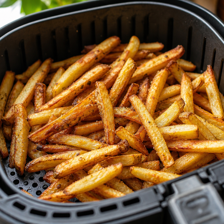 Golden seasoned-salt French fries in an open air-fryer basket with the perforated grid visible.