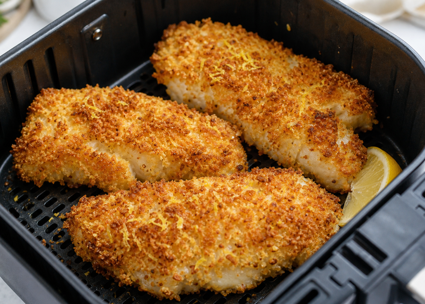 Golden lemon-panko cod fillets in an open air-fryer basket with its rim and perforated grid visible.