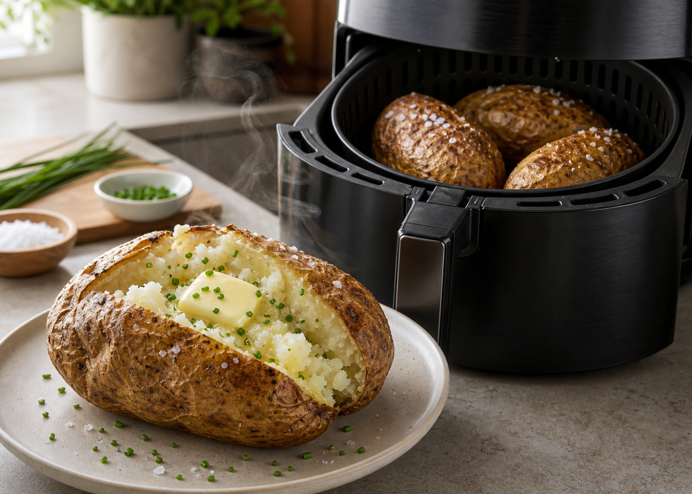 Split crispy-skinned baked potato with melting chive butter beside an open black air fryer holding baked potatoes.
