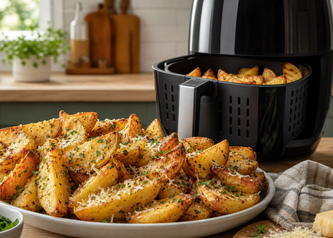 Golden garlic Parmesan potato wedges served beside an open black basket-style air fryer.