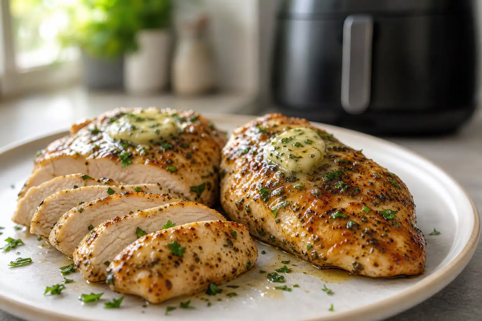 Sliced air fryer chicken breast topped with melting garlic herb butter and parsley.