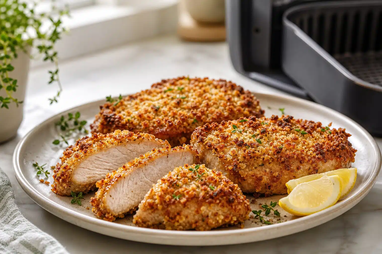 Golden Parmesan-crusted air fryer pork chops on a plate, with one chop sliced to show the juicy center.