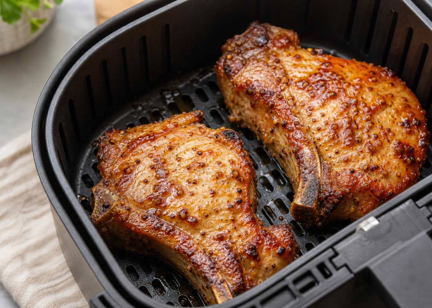 Juicy Bone-In Pork Chops in Air Fryer With Honey Mustard Glaze