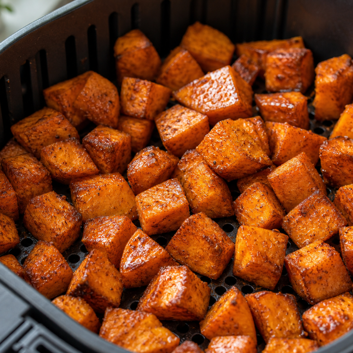 Maple cinnamon sweet potato cubes with browned edges in an open air fryer basket.