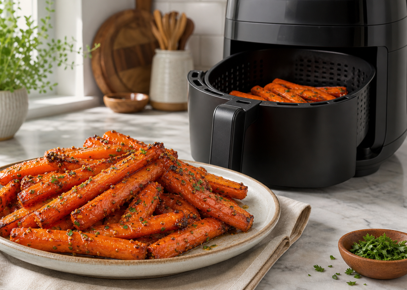 Maple Dijon glazed air fryer carrots on a plate with an open black basket-style air fryer nearby.
