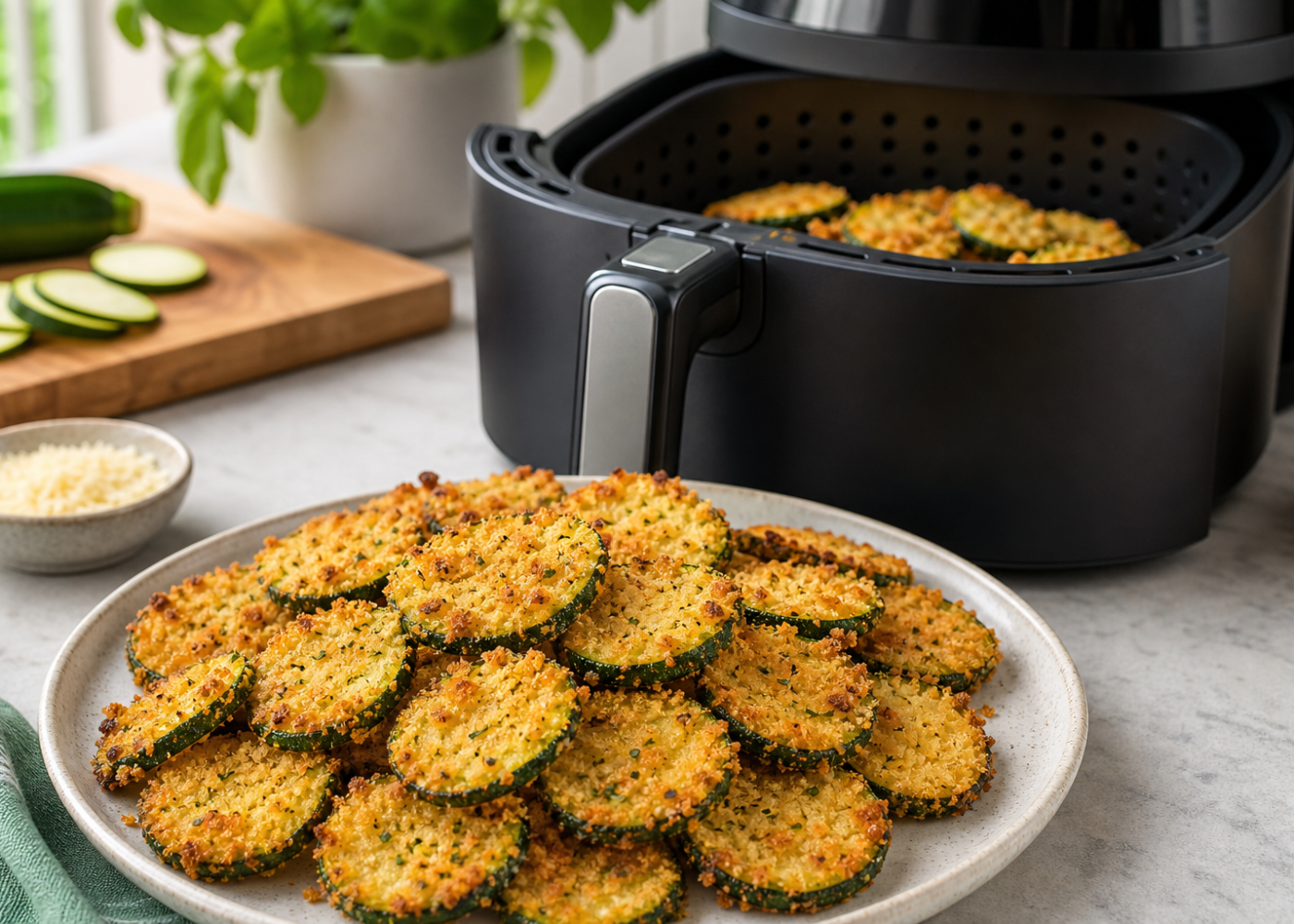 Golden Parmesan zucchini chips served beside an open black basket-style air fryer with a few chips inside