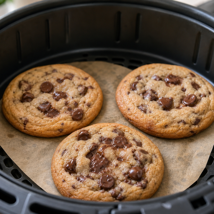 Three golden chocolate chip cookies cooling in an open air fryer basket with its perforated grid visible.