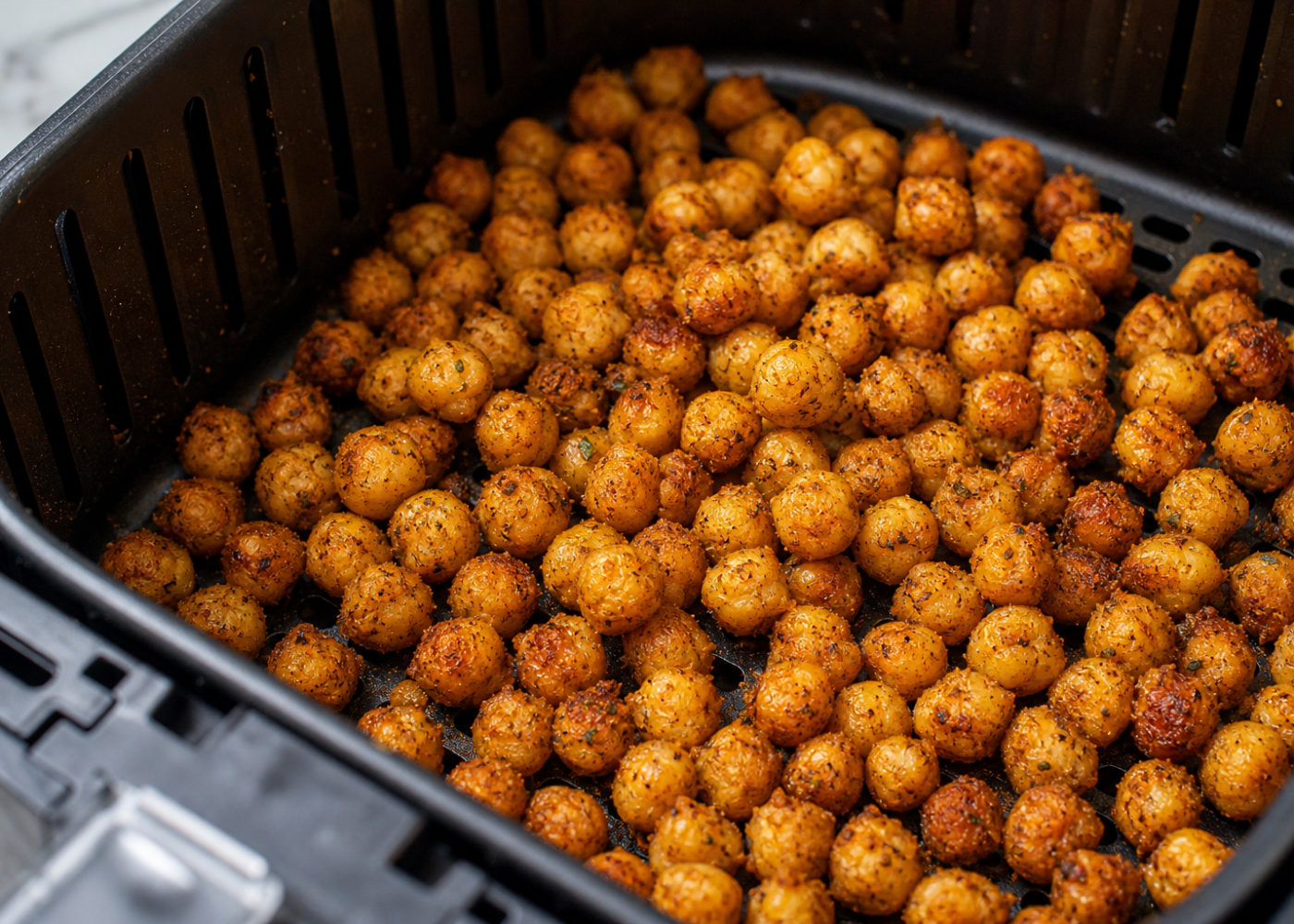 Smoky ranch chickpeas with crisp golden edges in an open air-fryer basket.