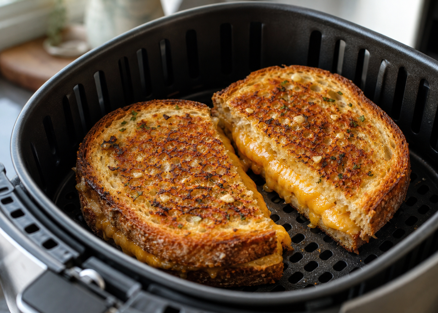 Golden garlic-butter sourdough grilled cheese with melted cheddar in an open air-fryer basket.