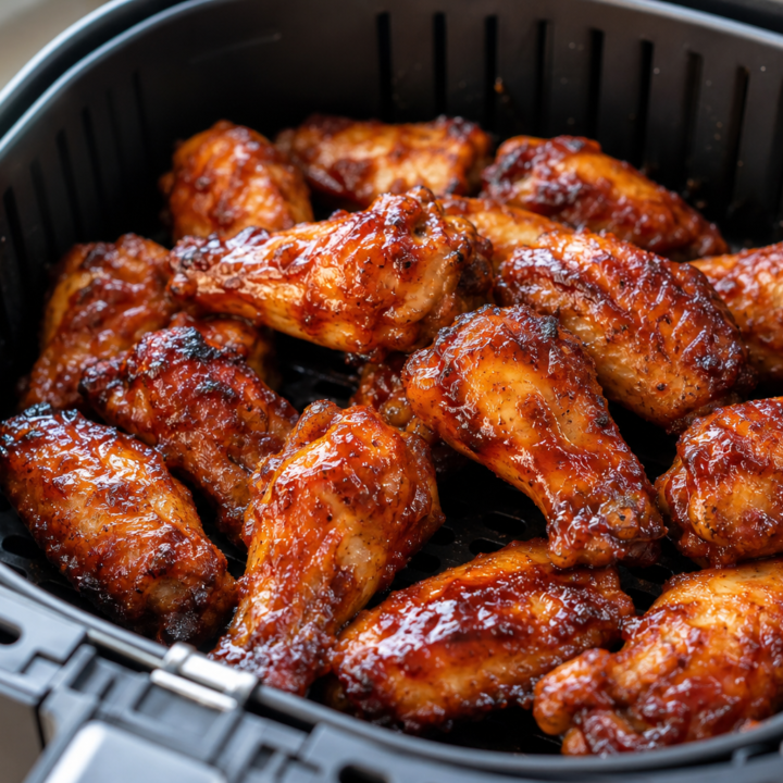 Sticky honey BBQ chicken wings filling an open air fryer basket, with the rim and perforated grid visible.