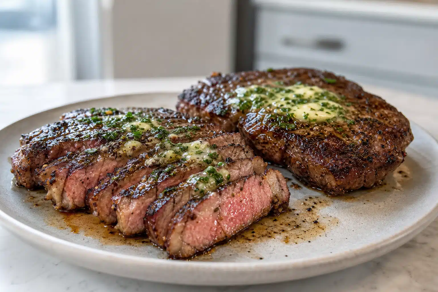 Sliced air fryer ribeye steak topped with melting garlic herb butter on a plate