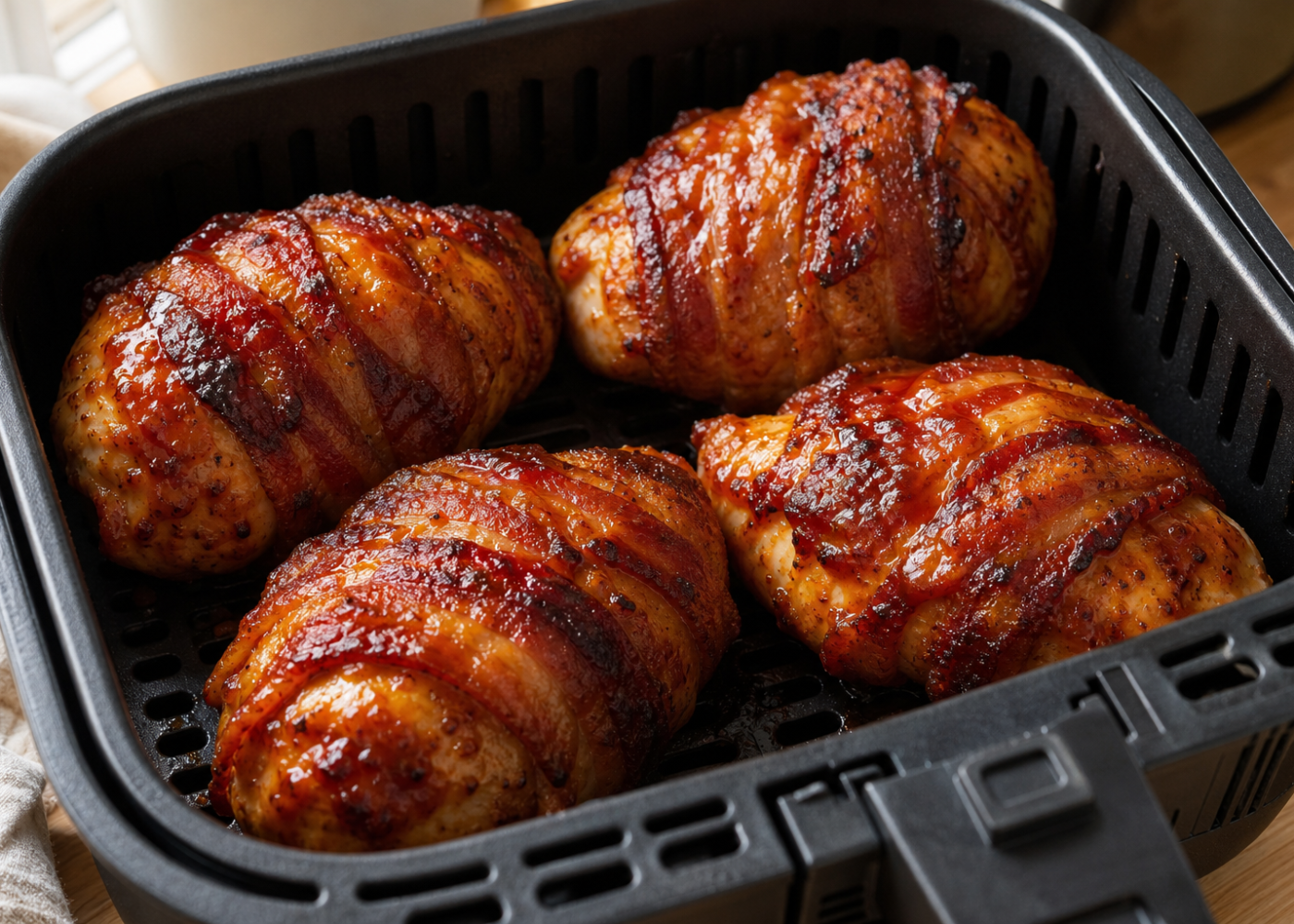 BBQ-glazed bacon-wrapped chicken portions in an open air-fryer basket.