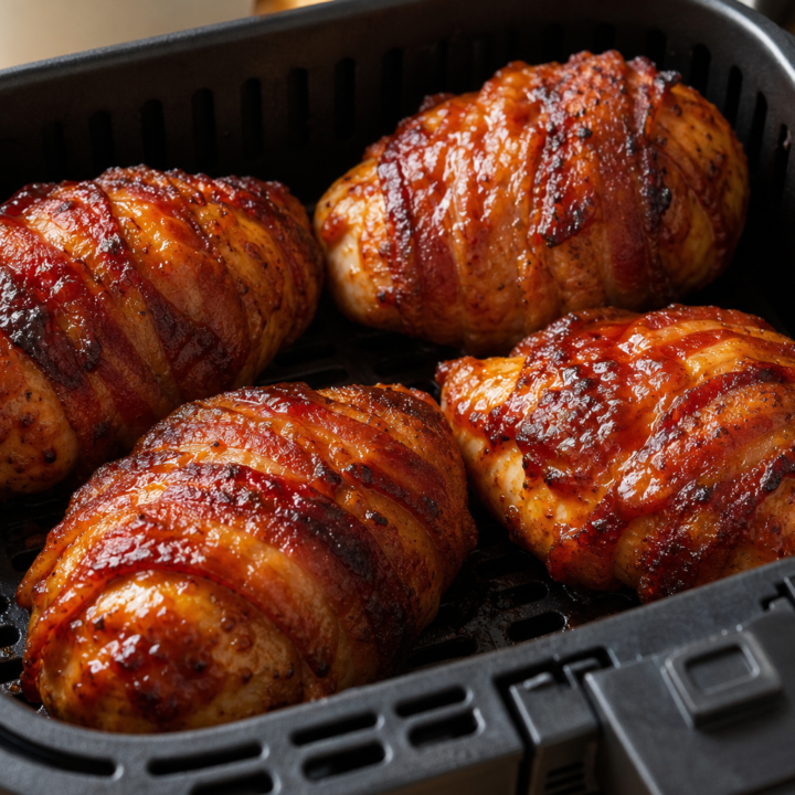 BBQ-glazed bacon-wrapped chicken portions in an open air-fryer basket.