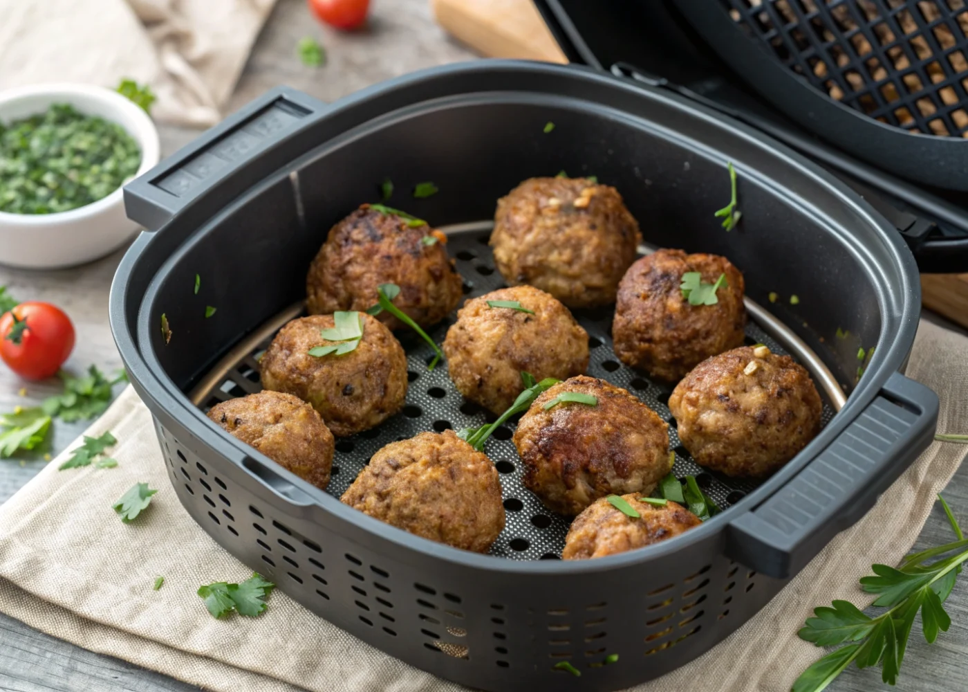 Browned beef meatballs with Italian herb flecks arranged in a spaced single layer in an open air-fryer basket.