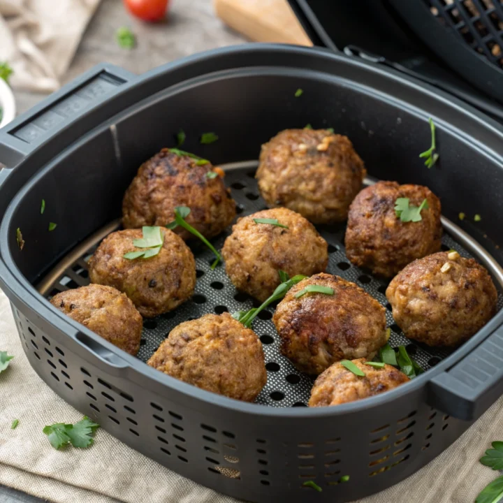 Browned beef meatballs with Italian herb flecks arranged in a spaced single layer in an open air-fryer basket.