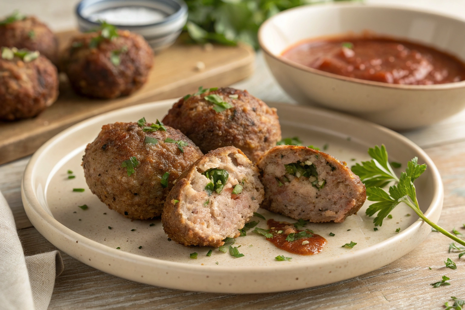 Halved beef meatball showing its tender, herb-flecked interior, with whole browned meatballs and marinara alongside.