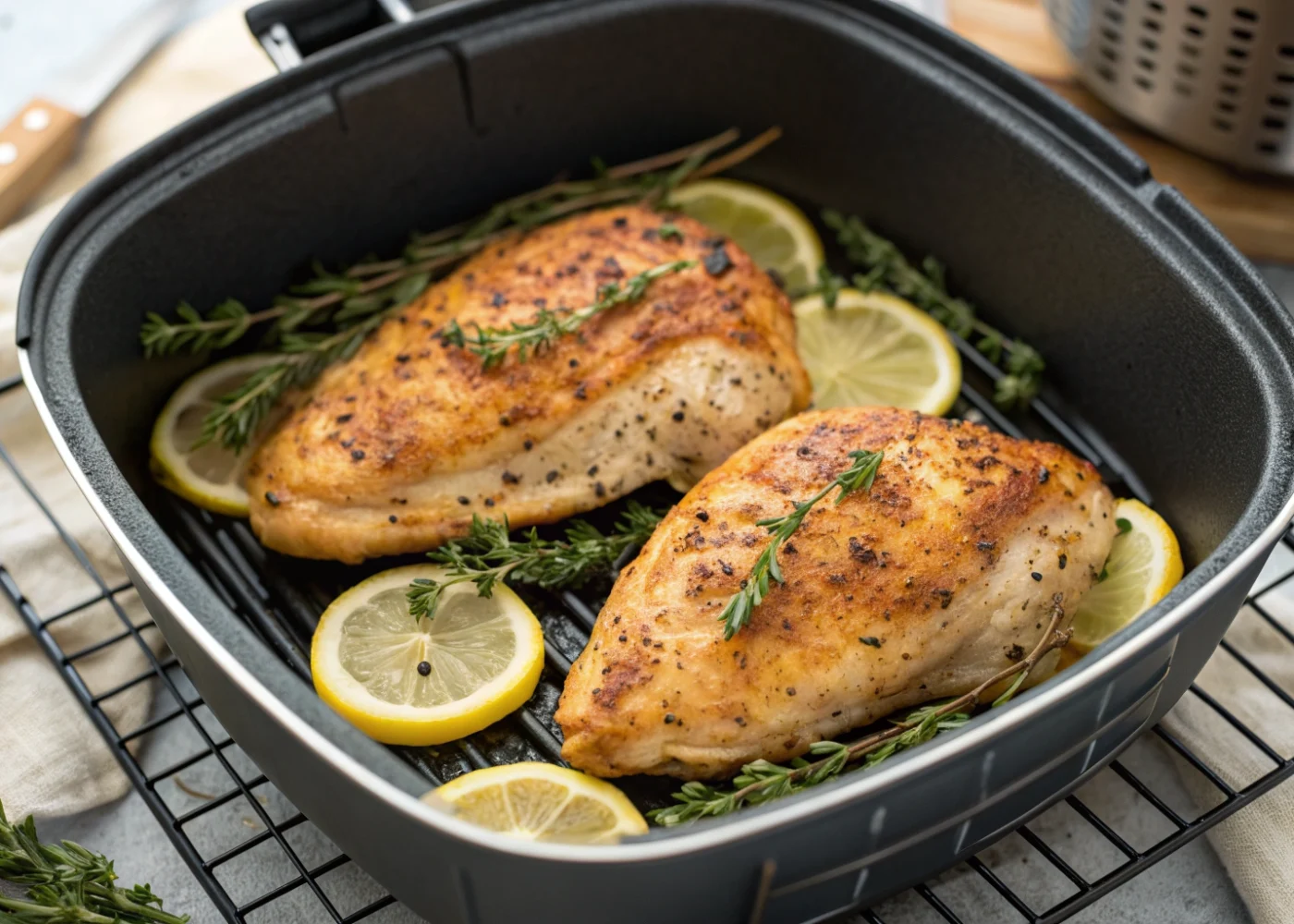 Two golden-brown, skin-on split chicken breasts resting skin-side up in an open air-fryer basket.